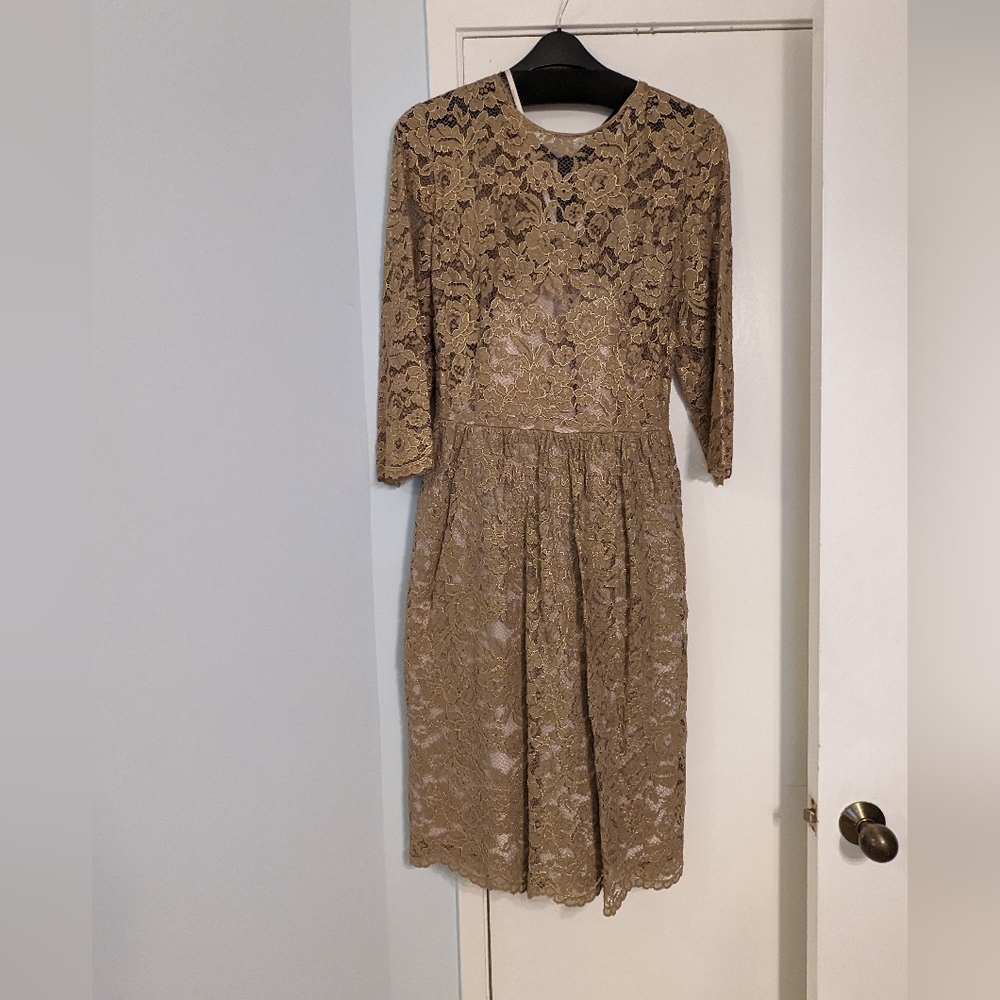 Boden gold lace midi dress with a belt